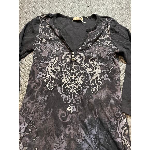 Blue Canyon 100% Cotton Y2K Grunge Embellished Floral Graphic‎ Brown Fitted Tee - Picture 2 of 10
